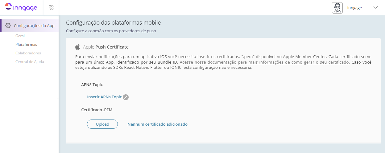 5\. Na área de "Apple Push Certificate", escolha a opção de certificado que deseja fazer upload. 