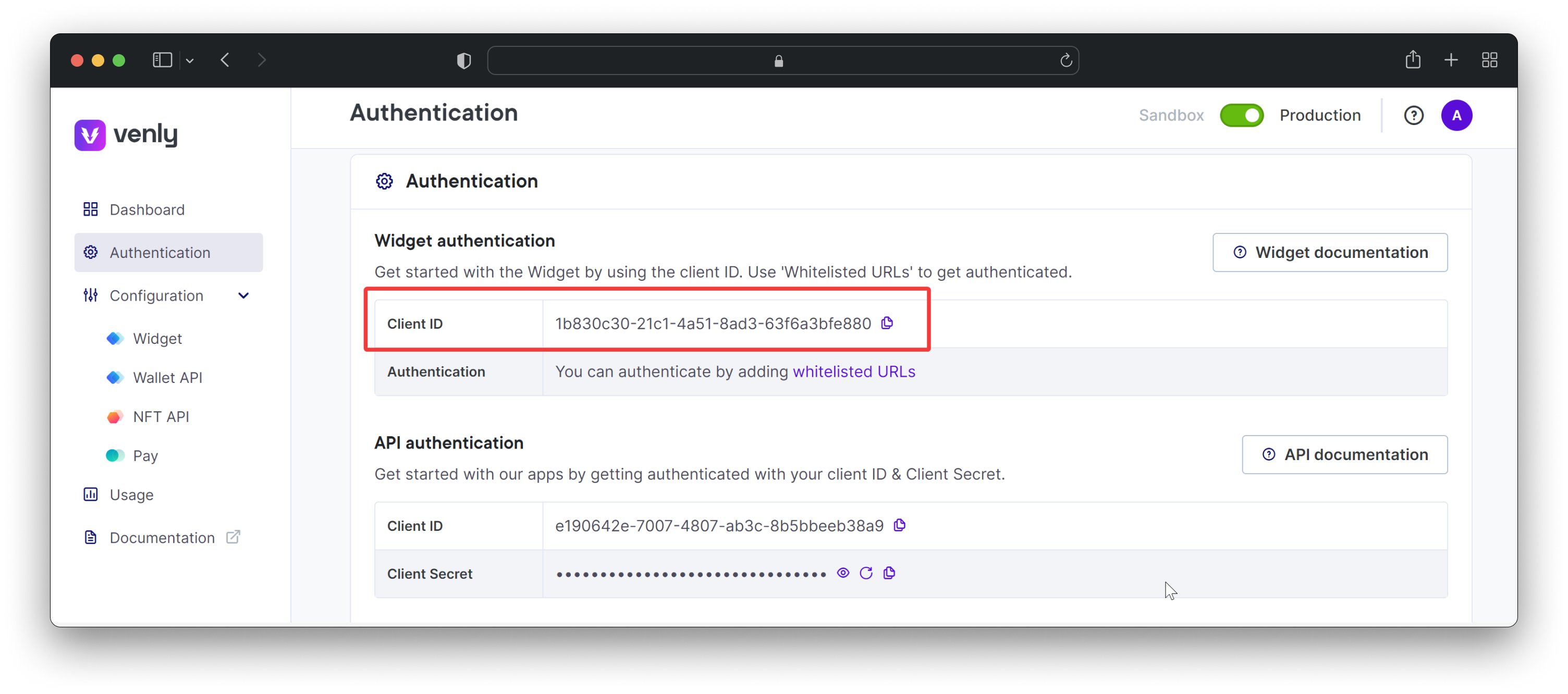 Access Credentials - Widget Client ID