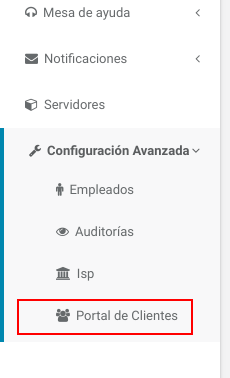 menu_navegacion.png Menú lateral - Opción "Configuración Avanzada" -> "Portal de Clientes"