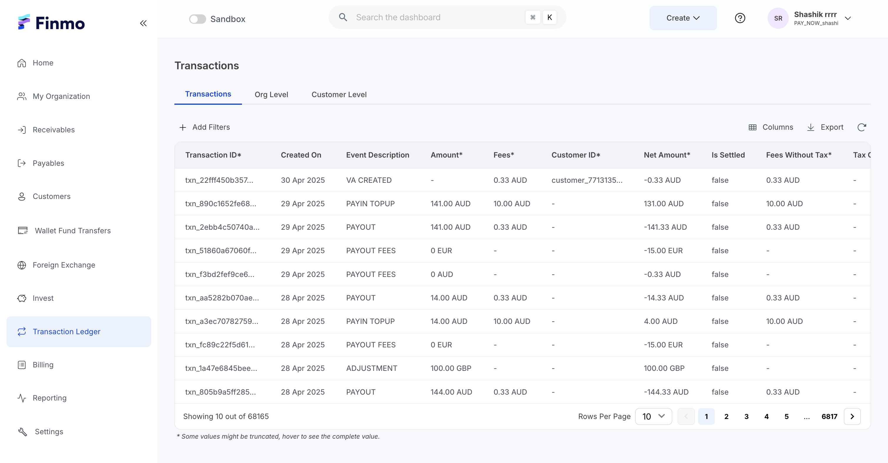 All Transactions across the Org level and Customer Level at a glance
