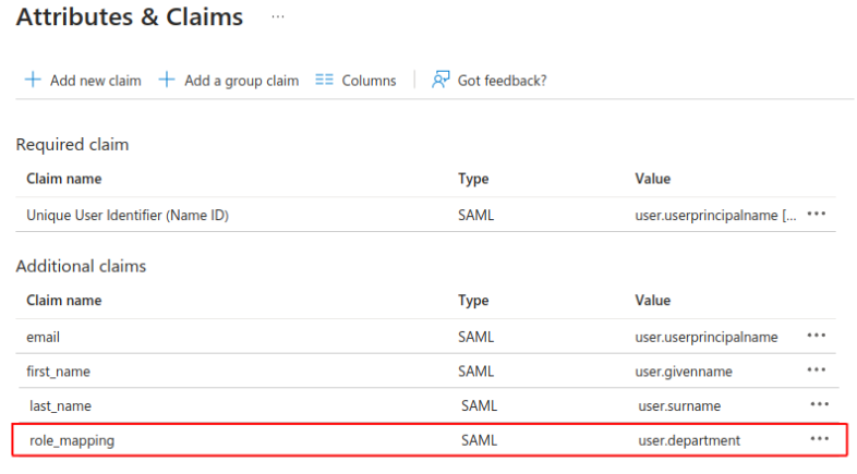 Azure AD Attributes and Claims section showing role_mapping claim with user.department value highlighted.