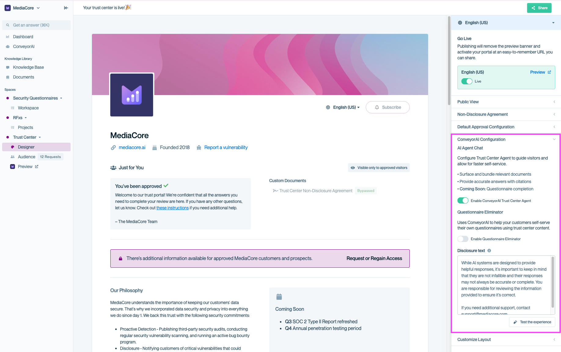 Trust Center Designer page displaying the ConveyorAI Configuration panel on the right, including AI Agent Chat settings, an option to enable the ConveyorAI Trust Center Agent, the Questionnaire Eliminator toggle, and a Disclosure text field containing editable guidance.
