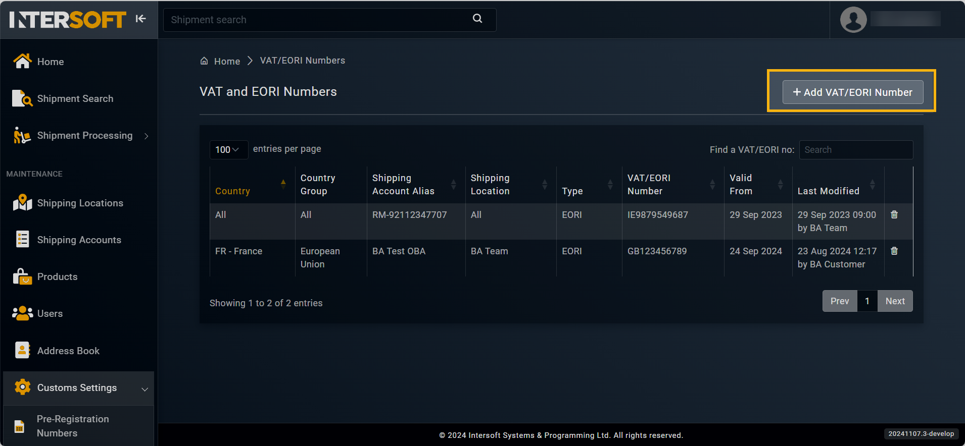 Accessing option to add VAT/EORI number