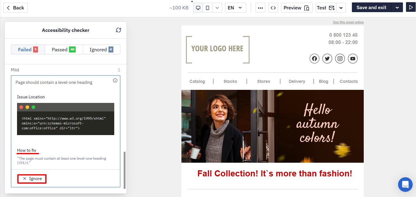 Page should contain a level-one heading card with the Issue Location code snippet, How to fix guidance, and the Ignore button