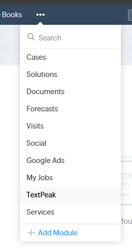 Screenshot with the TextPeak menu option added to the Zoho main menu