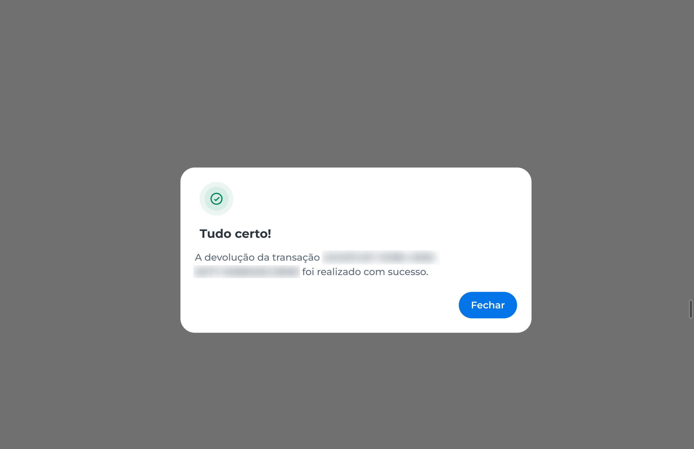 Tela de confirmação exibindo a mensagem "Sucesso na Devolução parcial" após autenticação em duas etapas com token, sinalizando a conclusão da devolução.