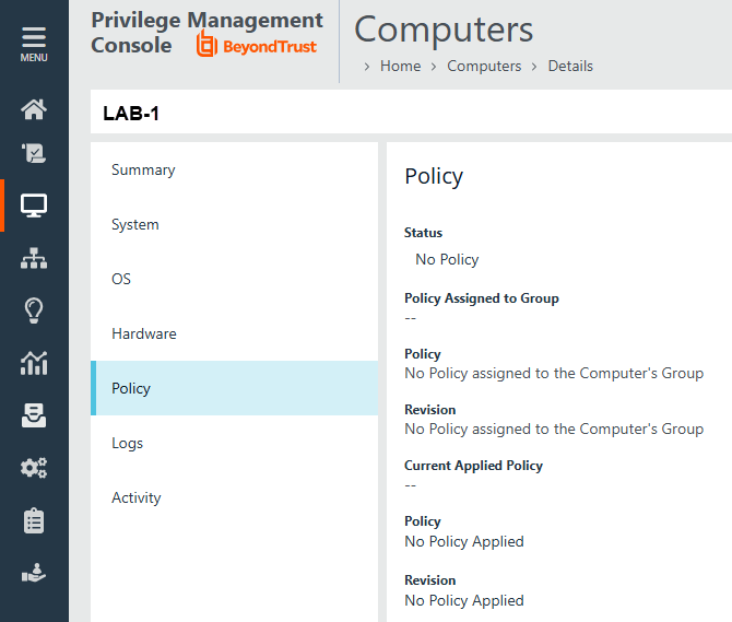 Policy details for a selected computer in EPM for Windows and Mac