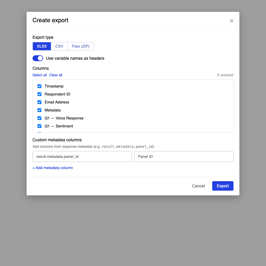 Create new export