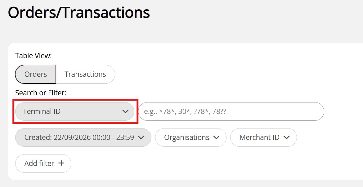 The Terminal ID selected on the filter drop-down menu with wildcard example placeholder text in the search field.