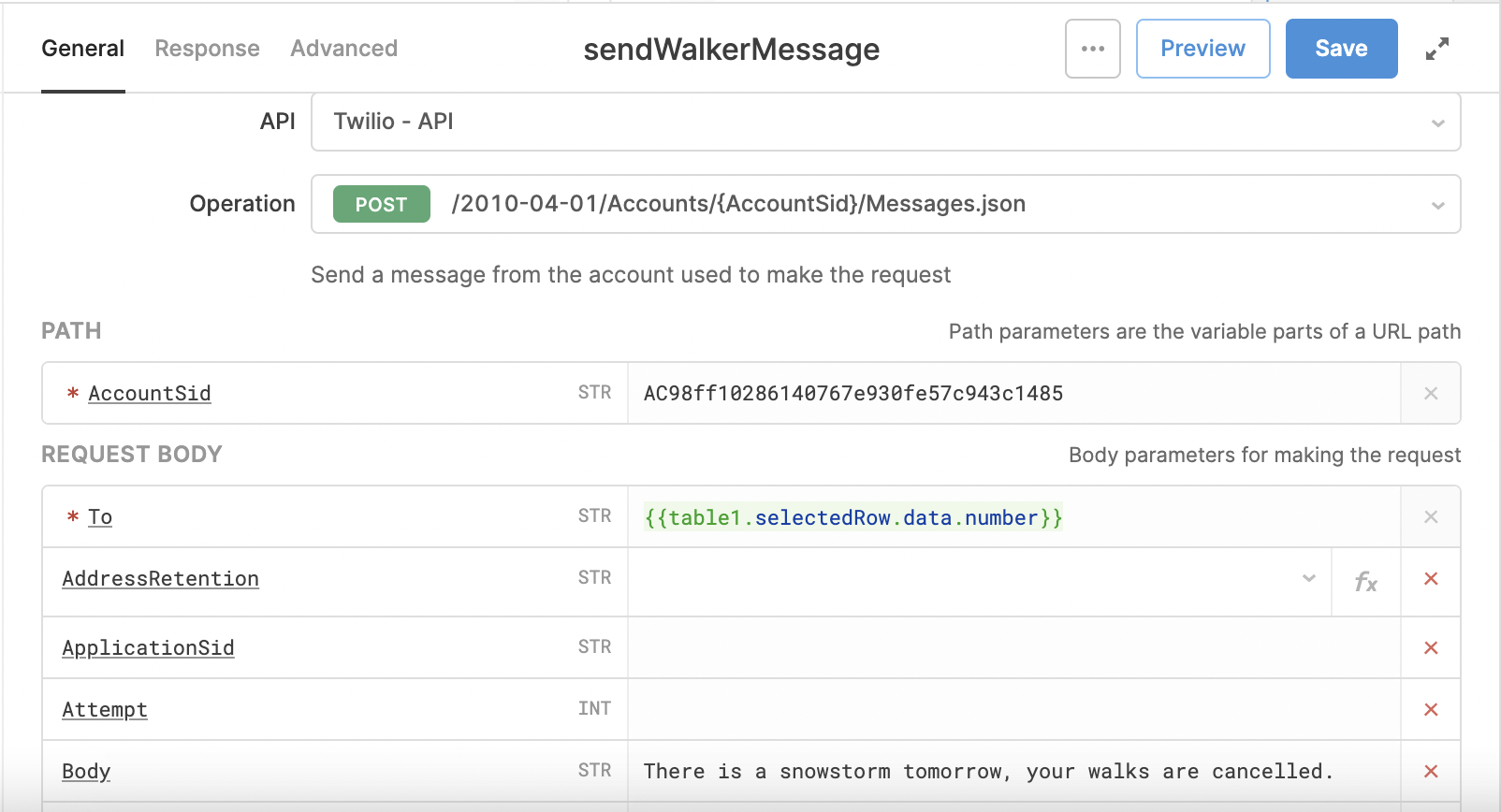 A preview of the values for our Twilio API request.