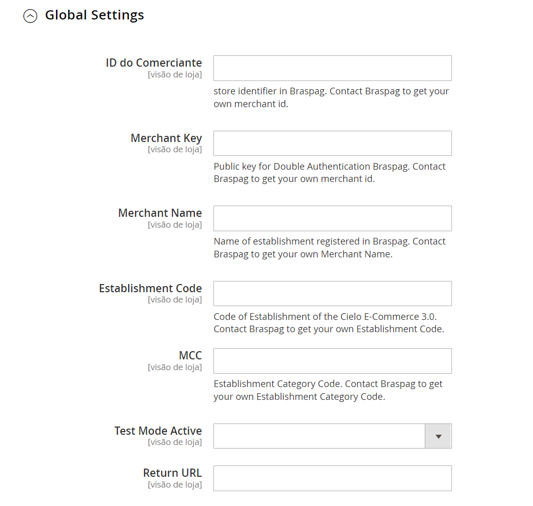 Tela de configurações globais