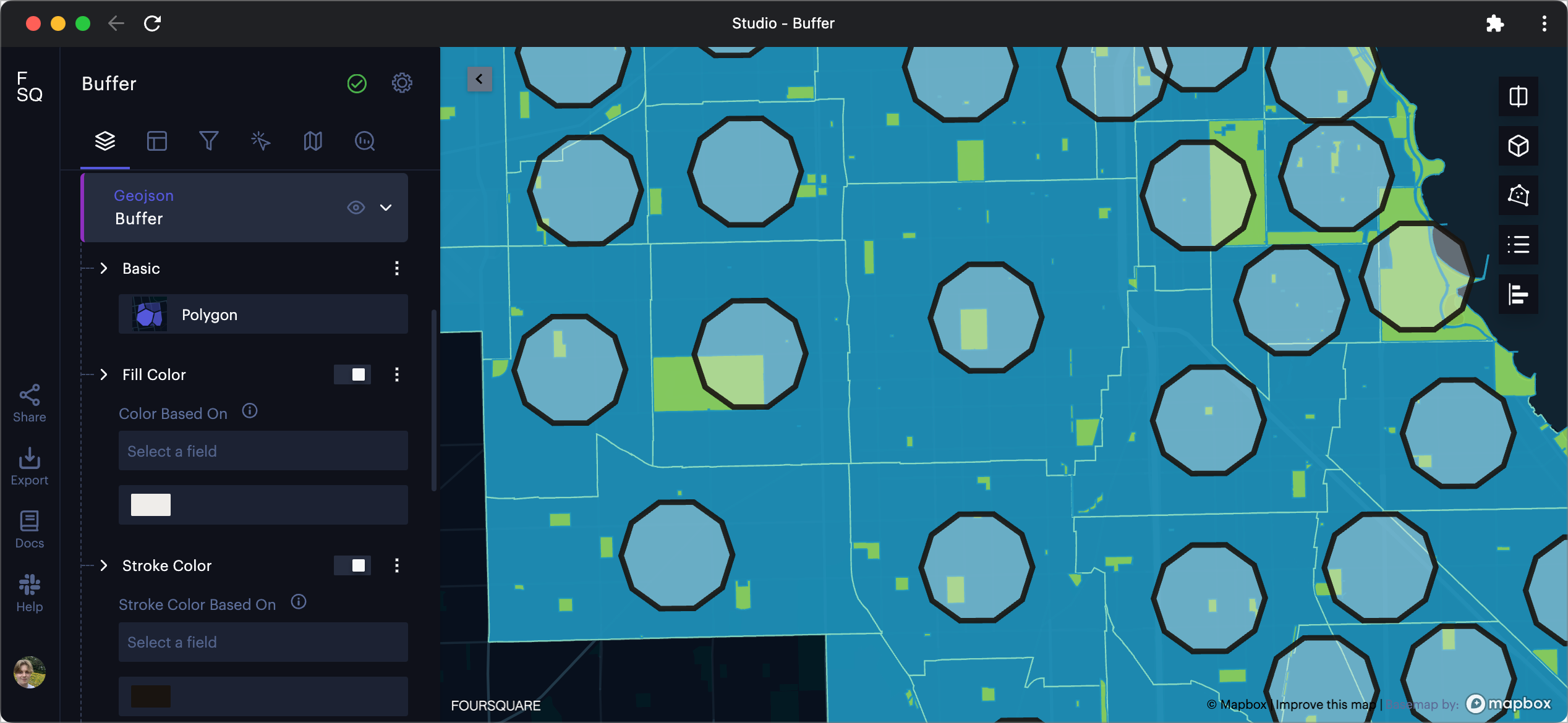  Buffers surrounding neighborhood centroids, visualized over a neighborhood and park polygons.