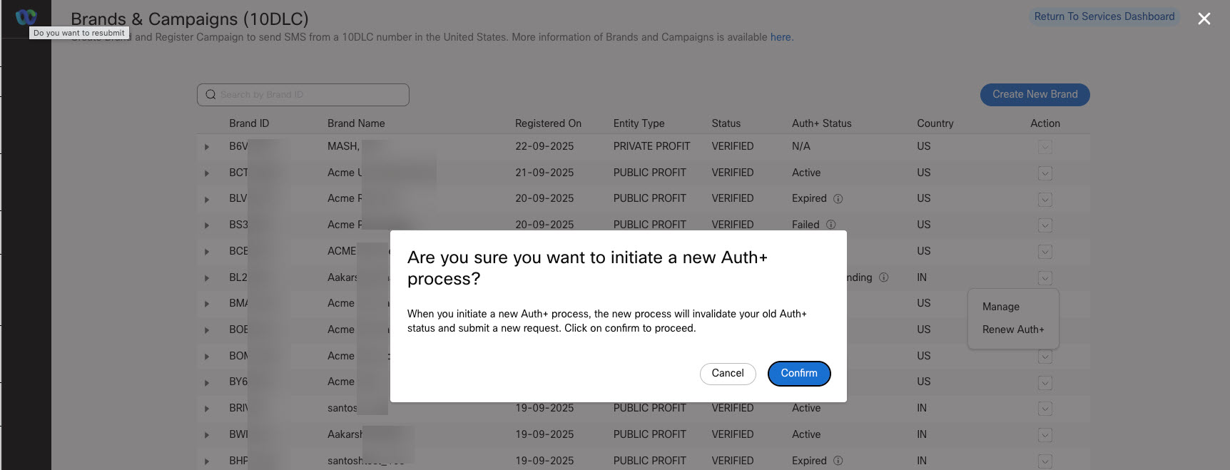 Screenshot of confirming to initiate a new Auth+ process.