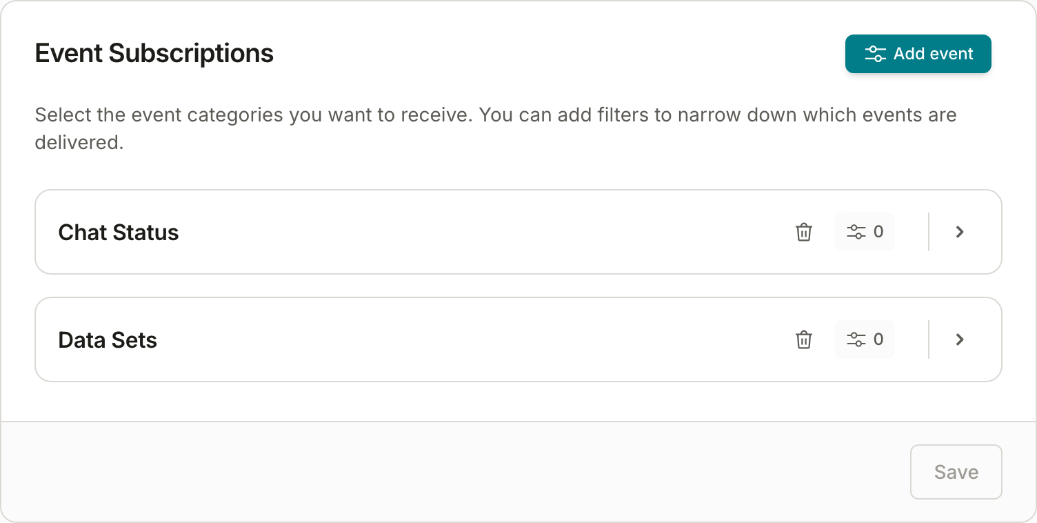 The Event Subscriptions card on a webhook's Settings view — this webhook receives Chat Status and Data Sets events. Each row's filter icon opens the category's filters.