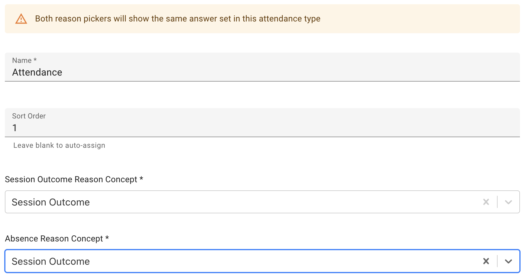 Edit Attendance Type modal with the warning banner shown when both reason pickers are set to the same coded concept