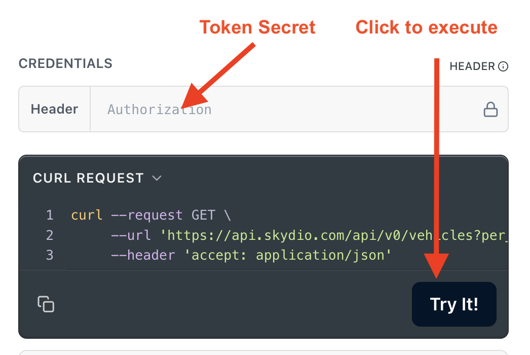Go to the [Get Vehicles](https://apidocs.skydio.com/reference/vehicles_get_v0_vehicles) API, paste your Token Secret into the CREDENTIALS Header.