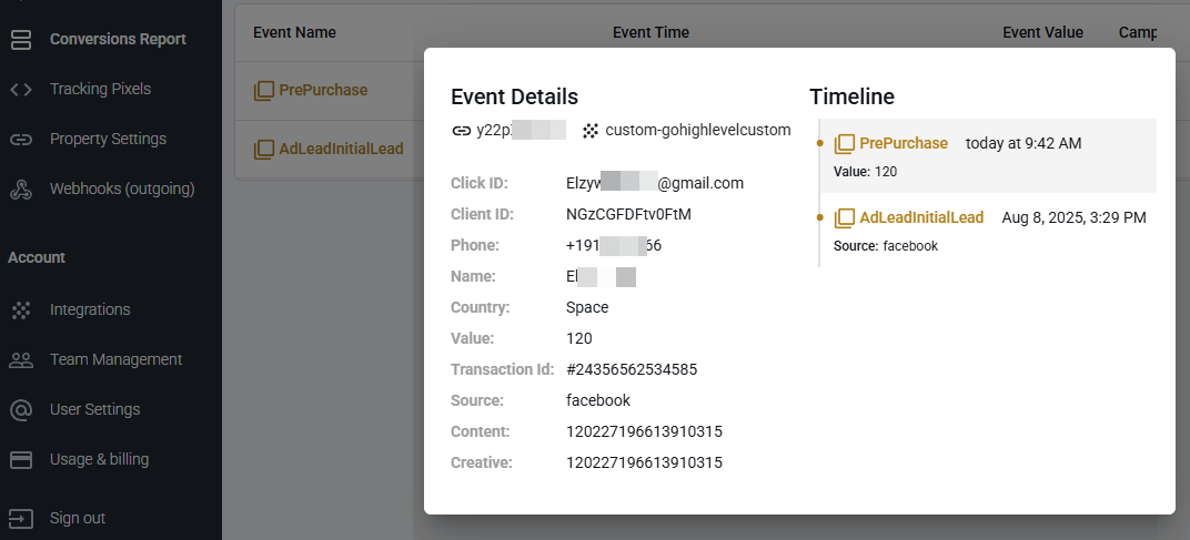 The follow-up event is appended to the customer journey that began with the Facebook lead.