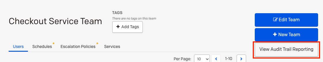 A screenshot of the PagerDuty web app showing how to View Team Audit Trail Reporting