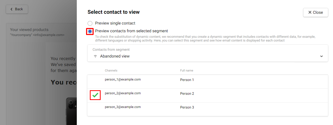 Select a contact for testing