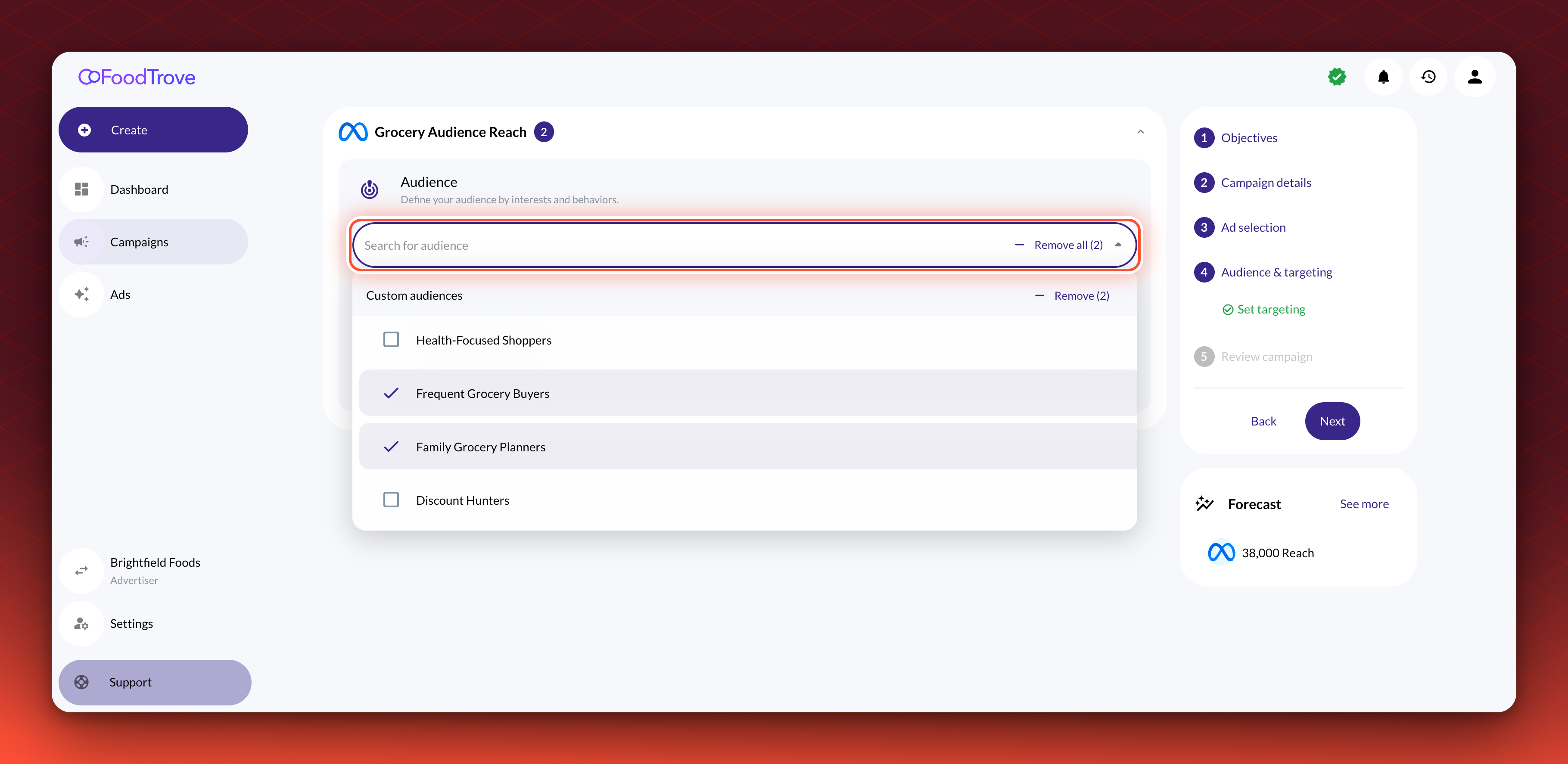 A Meta campaign on the Audience and targeting step. The Search for audience field is circled, and its Custom audiences list is open with Frequent Grocery Buyers and Family Grocery Planners selected.