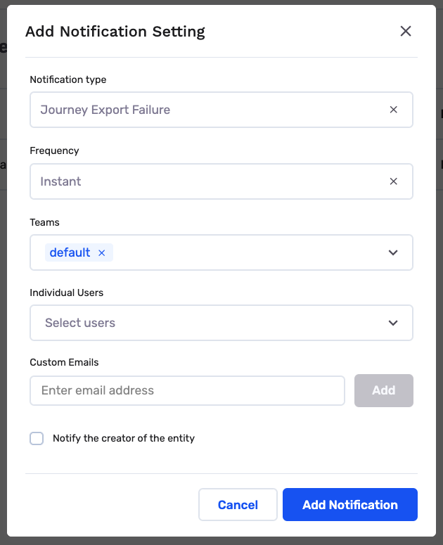 Add Notification Setting modal with notification type, frequency, team, user, custom email, and creator recipient fields