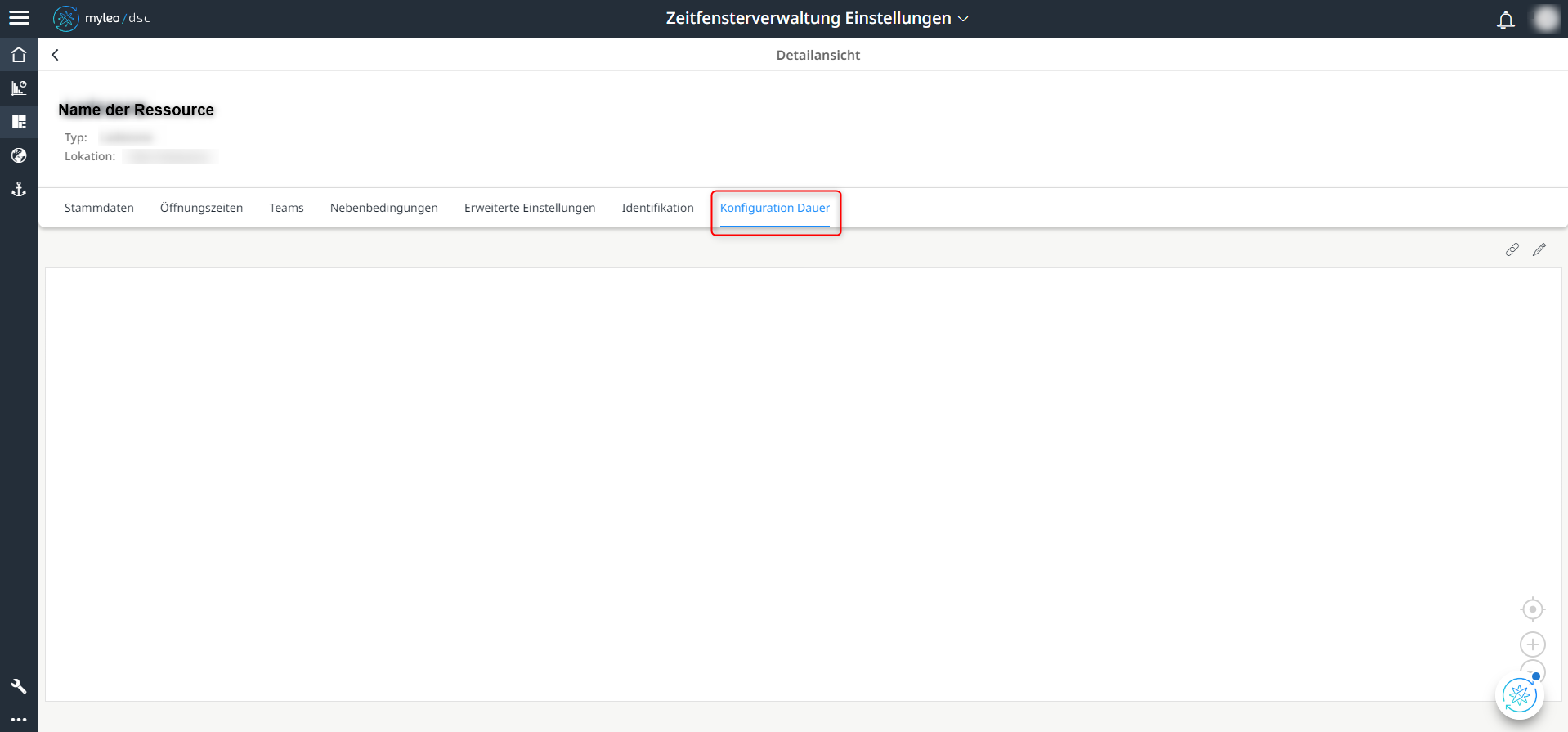 Auswahl des Tabs "Konfiguration Dauer" innerhalb der Detailansicht der Ressource