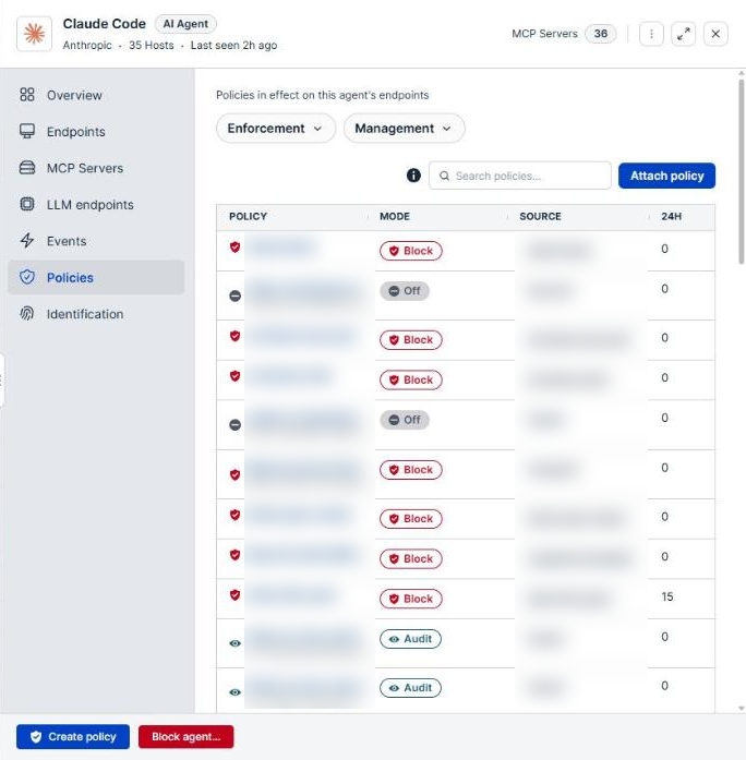 The Policies tab of an agent details panel, with the Enforcement and Management filters above the policy list