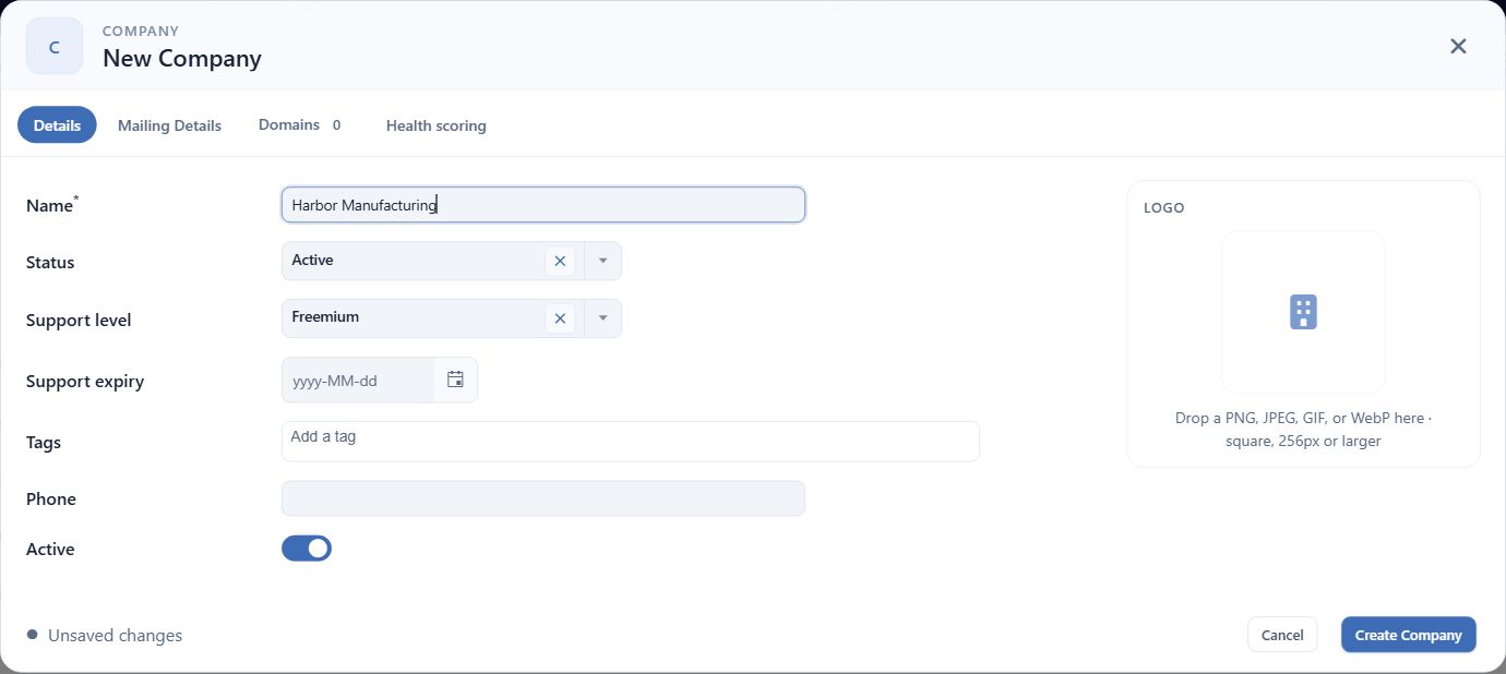 Unsaved fictional Harbor Manufacturing company form in Supportbench Core.