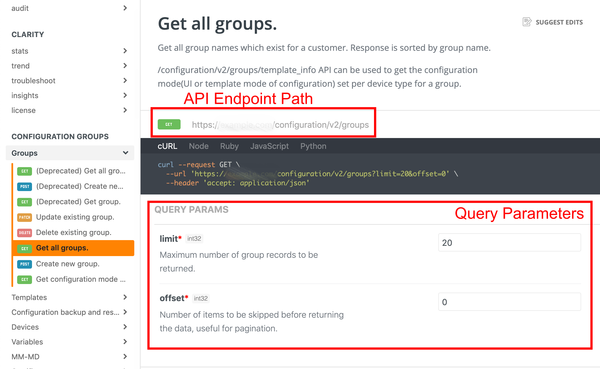API Reference page showing API endpoint path and query parameters