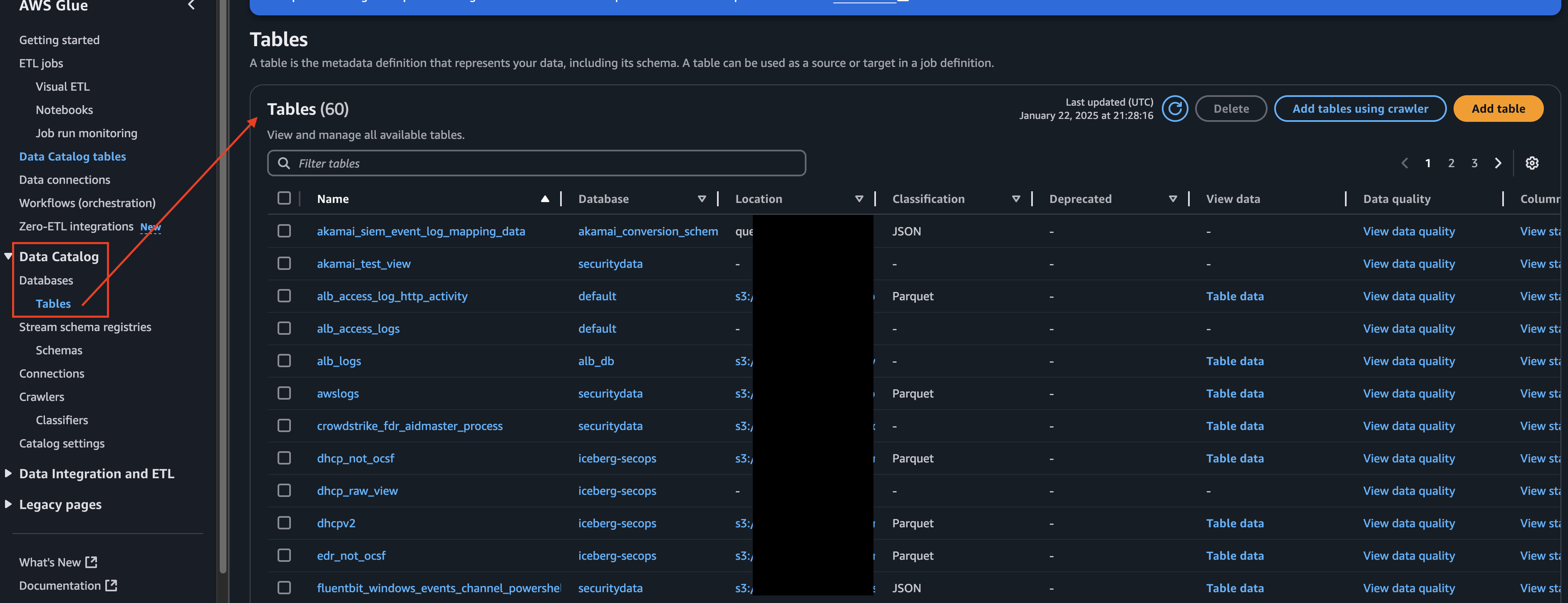 FIG. 1 - Locating your Glue tables and databases from the AWS Glue console