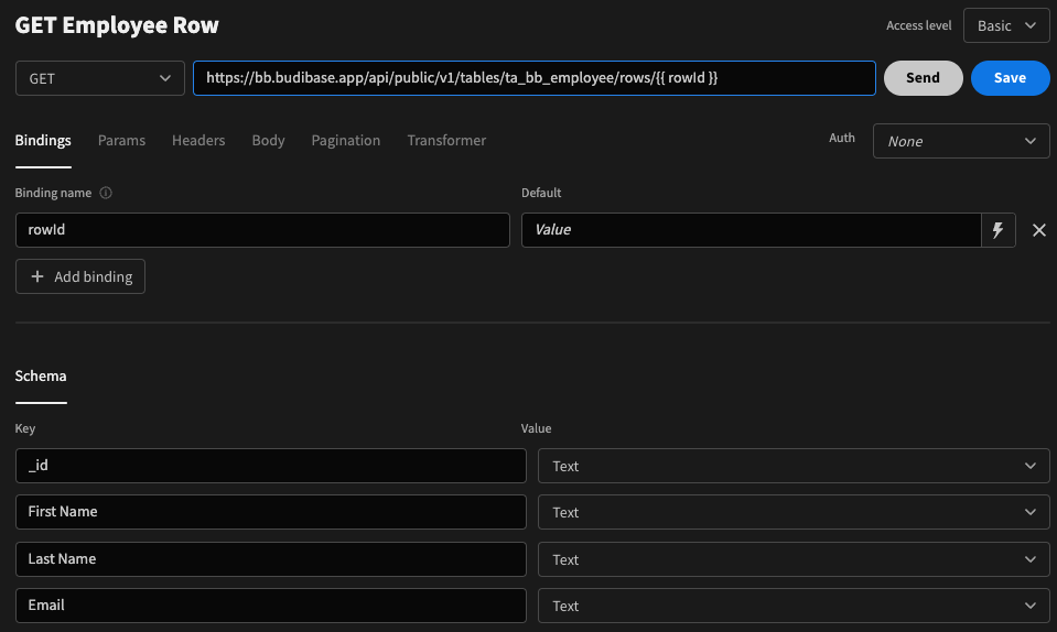 REST query to GET a single employee from rowId binding