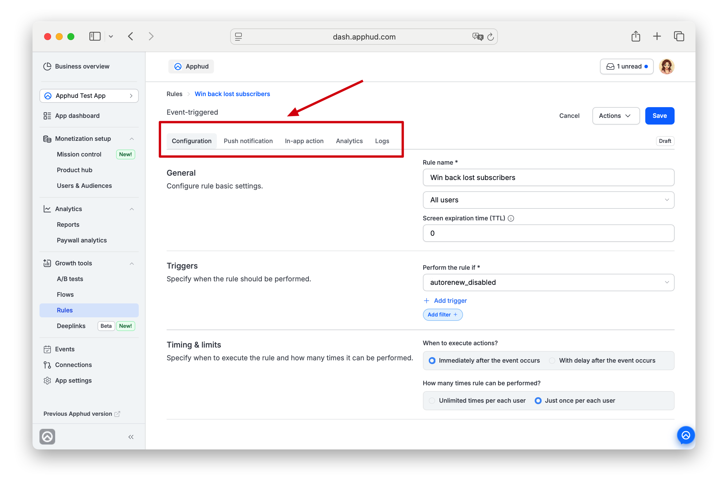Apphud - Rule configuration page