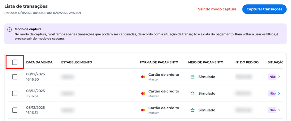 Lista de transações no Portal E-commerce com checkboxes à esquerda e botão “Capturar transações” no topo.