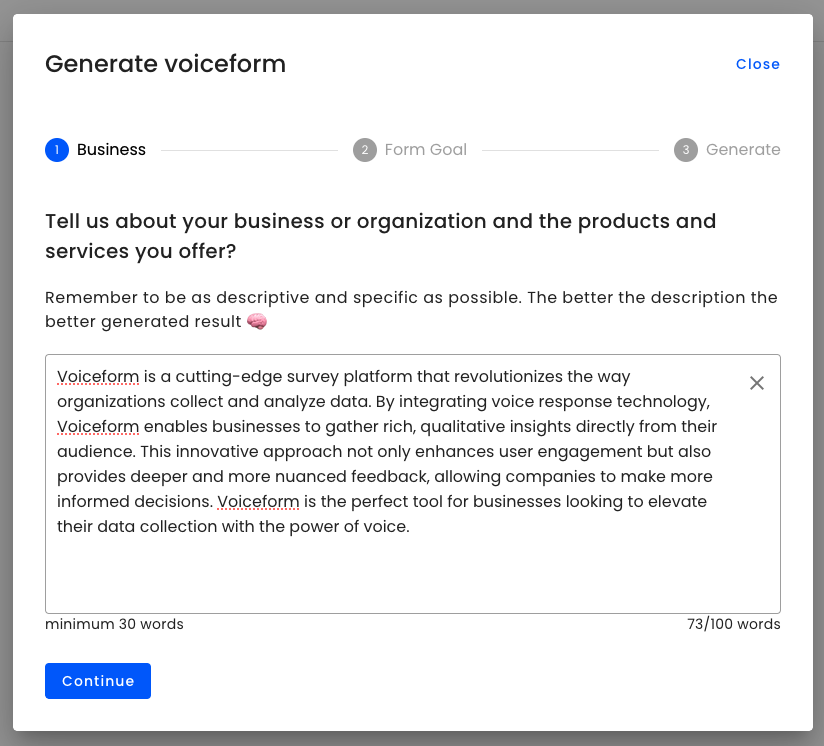 Buisiness description step of Auto-Genrate popup