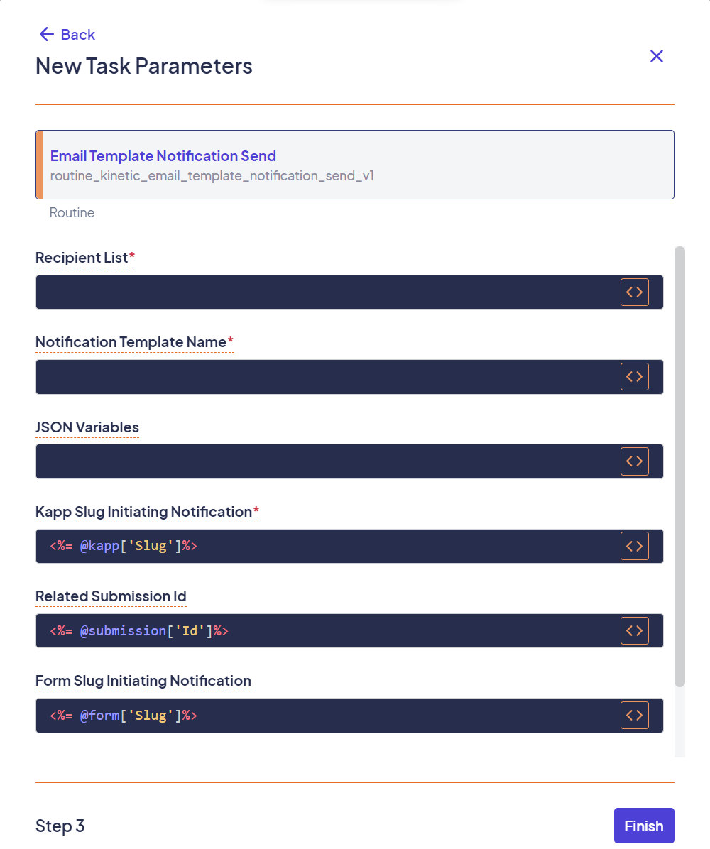 Task Parameters vary depending on the task selected