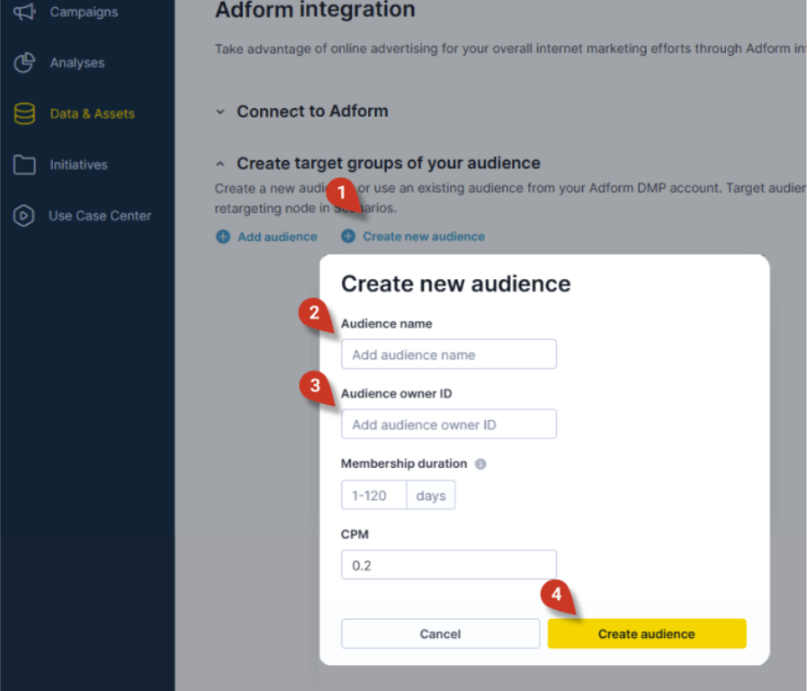 Create new audience dialog showing audience name, owner ID, membership duration, and CPM fields