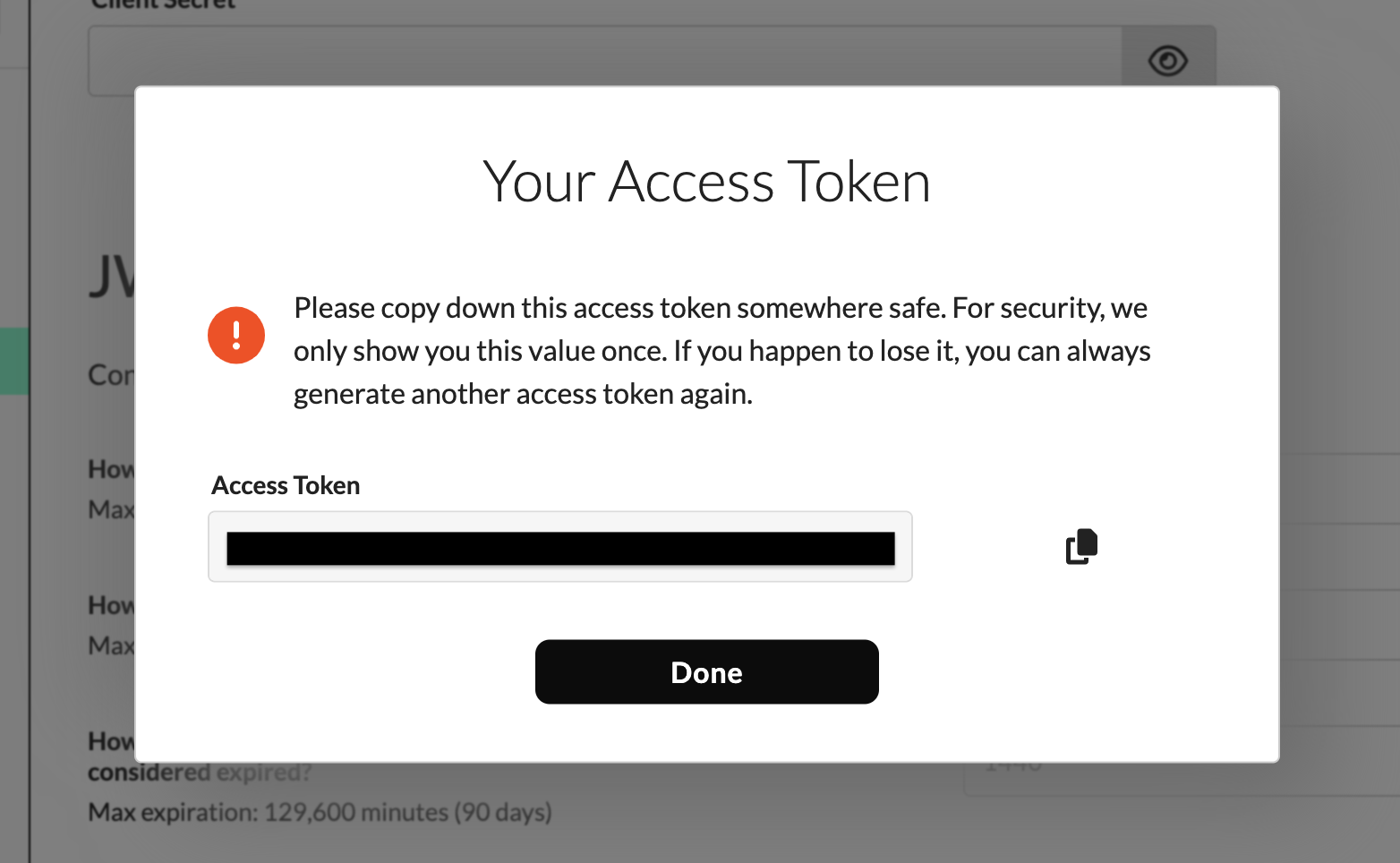 Your Access Token success dialog displaying the generated access token.