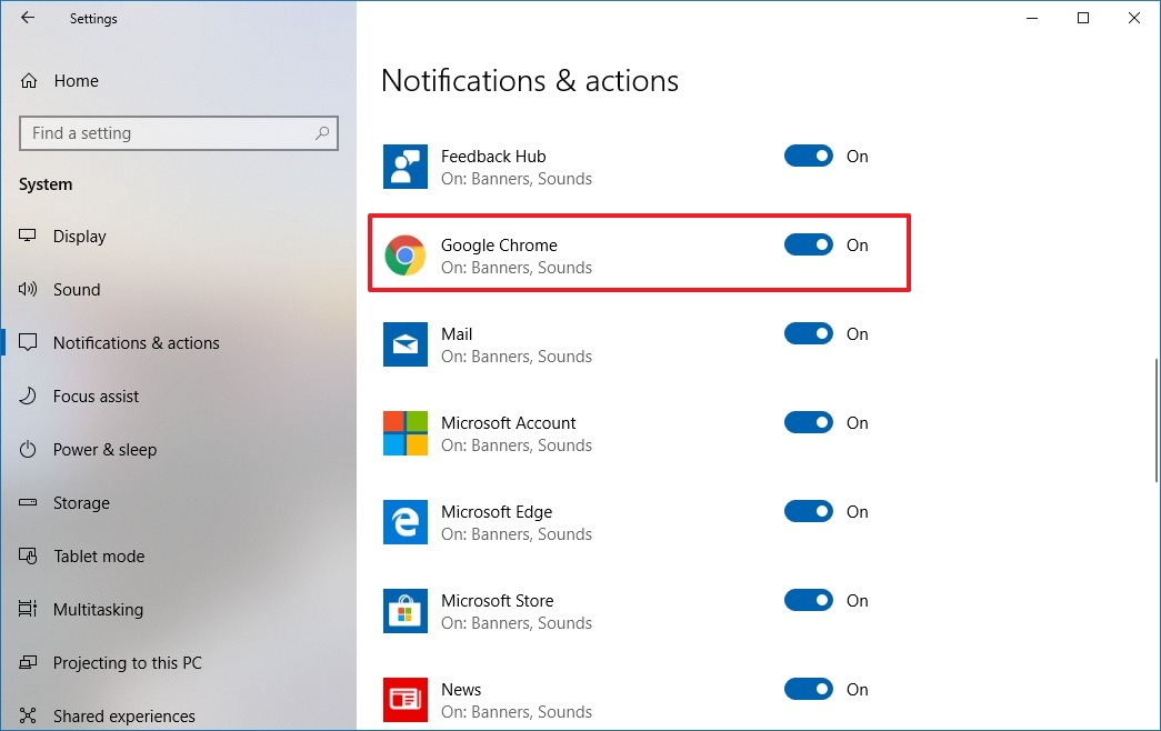 In this example notifications for Google Chrome are enabled.