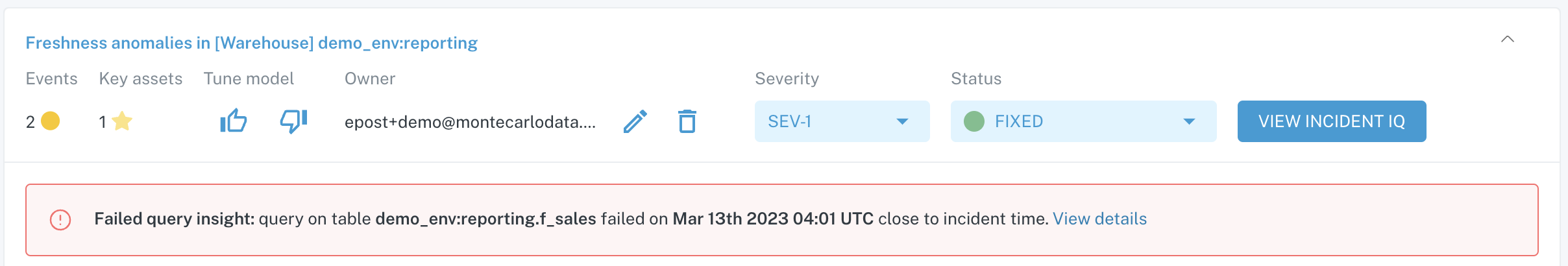 _Example:_ Failed query insight flagged on an incident in the Incidents feed