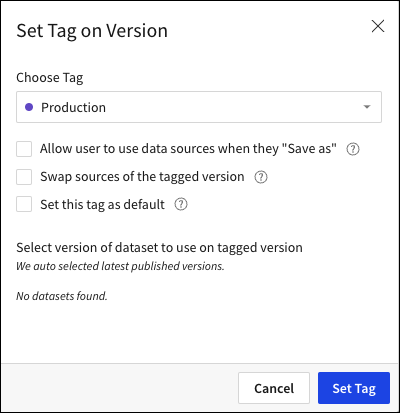 Set tag on version modal, with choose tag dropdown visible.