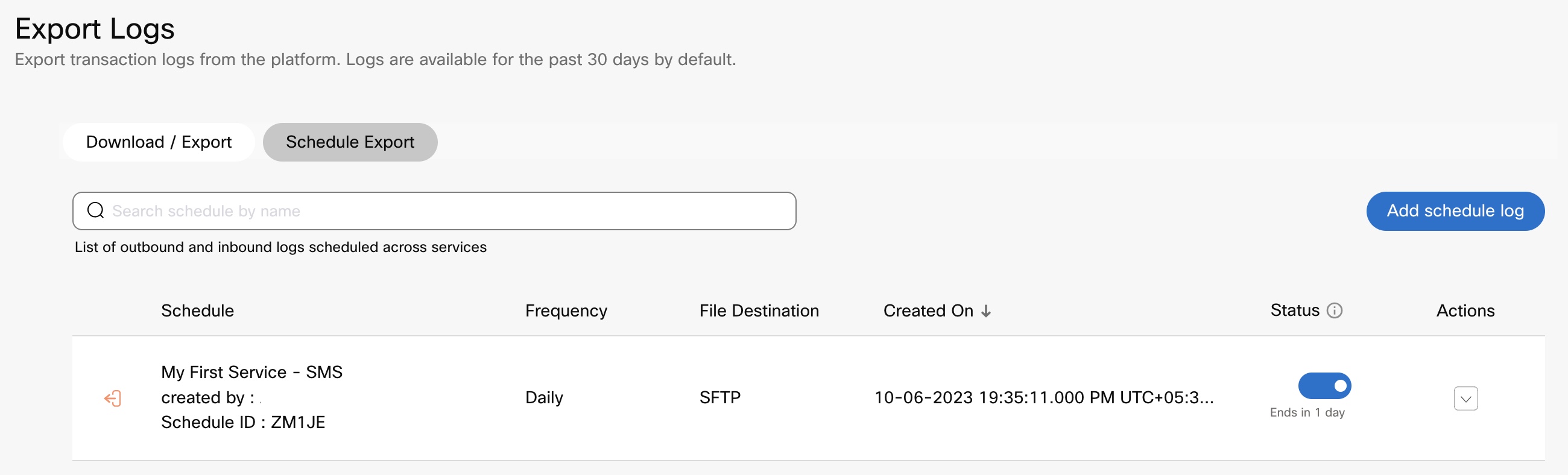 Screenshot displaying the Schedule Export Logs.