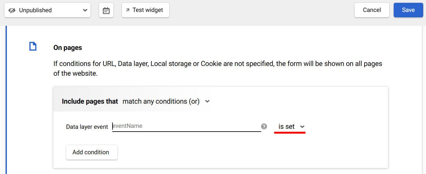 Is set condition for widget display rules