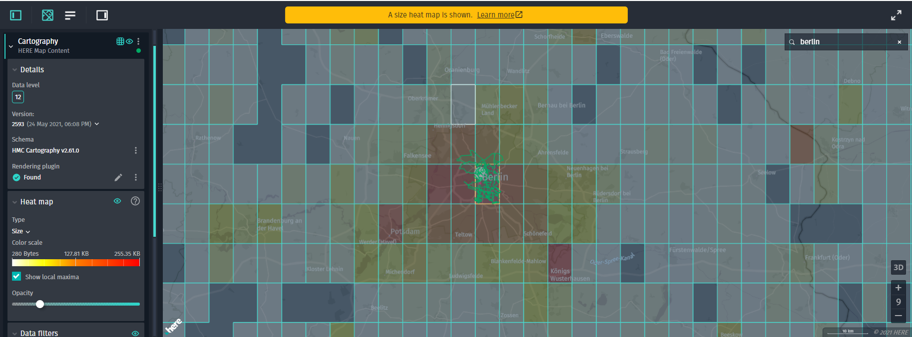 Tile grid showing geographical availability of building footprint data, combined with a partition size heat map