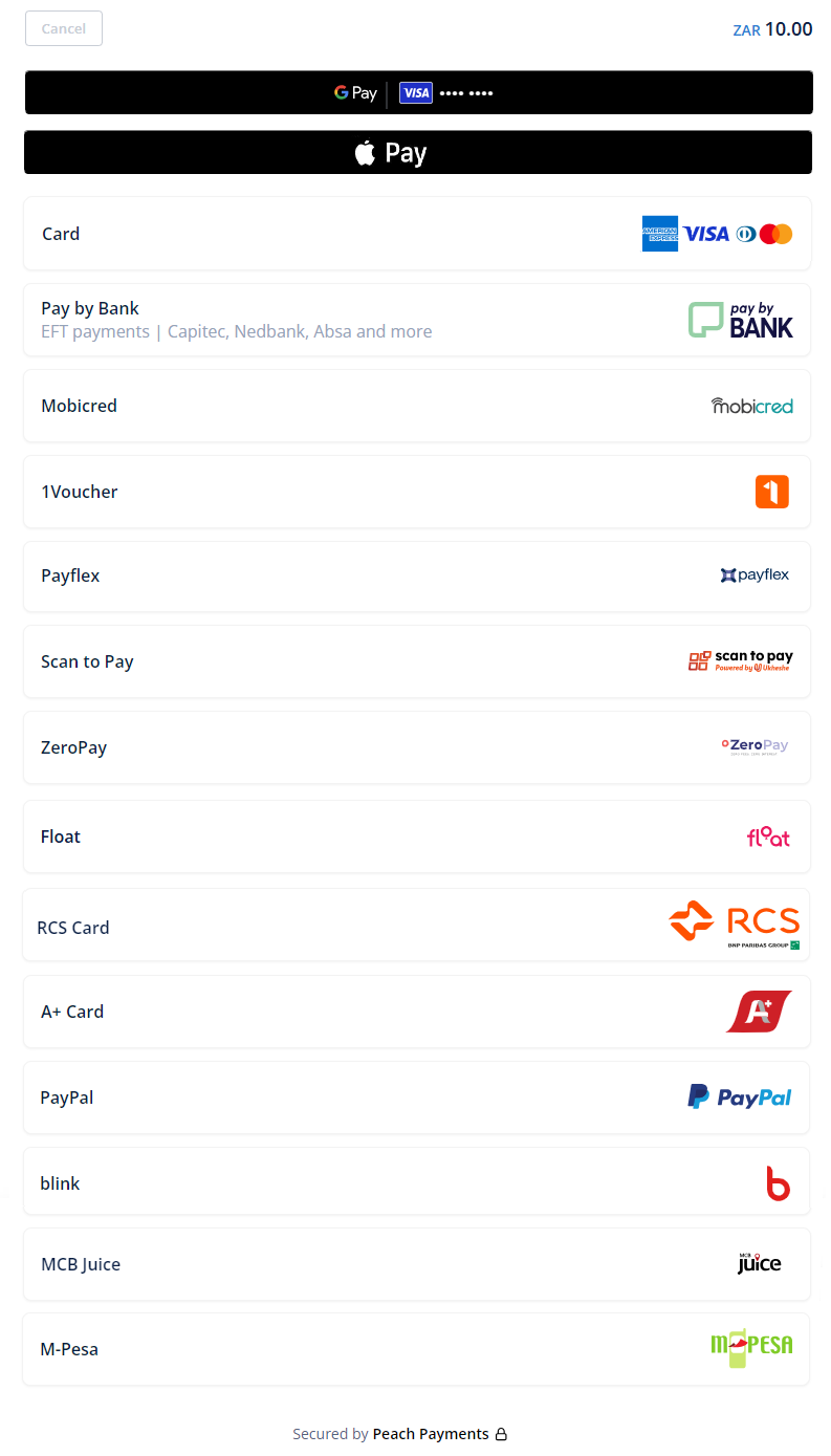 Example Checkout screen; note that not all payment methods are available in all regions or for all currencies.