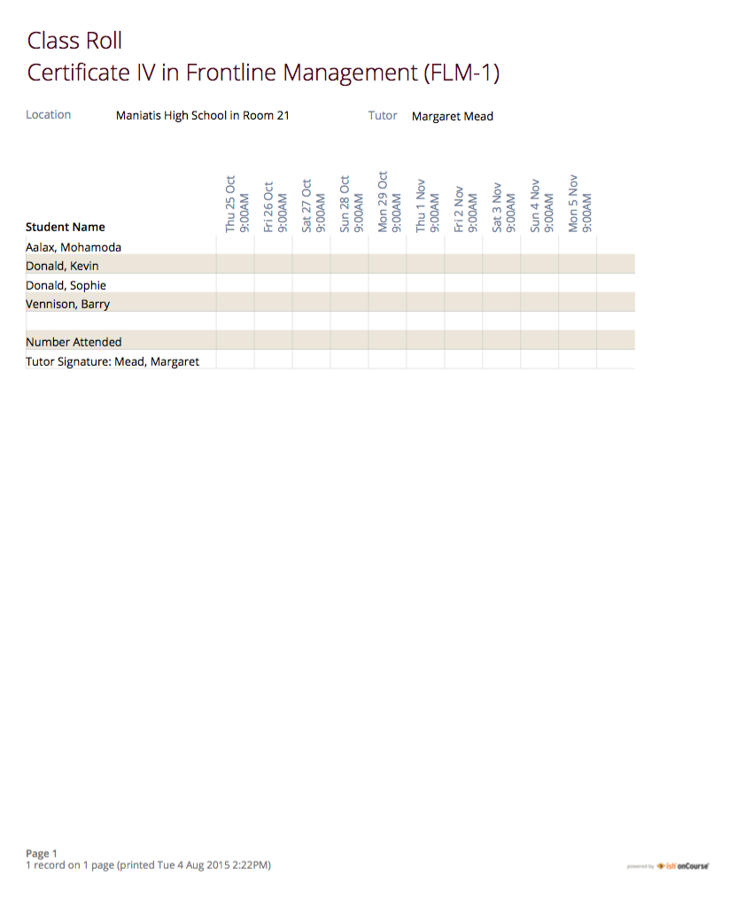 Figure 317. Example of the Simplified Class Roll Report