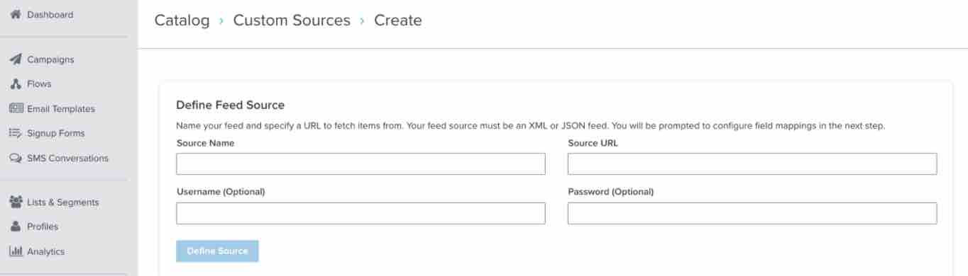 Create custom source page in Klaviyo with feed source setting fields and Define Source button in blue at the bottom