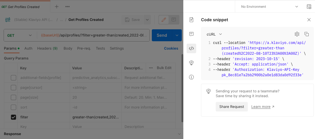 The expanded code snippet view with a generated cURL request