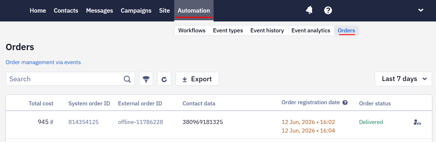 Order information in Automation Orders section