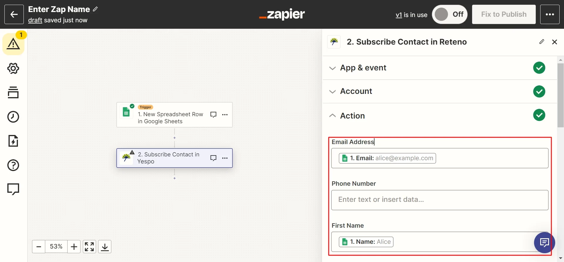 Zapier action setup panel mapping Email Address and First Name fields to spreadsheet columns