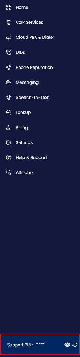 Screenshot of the home page with the support PIN